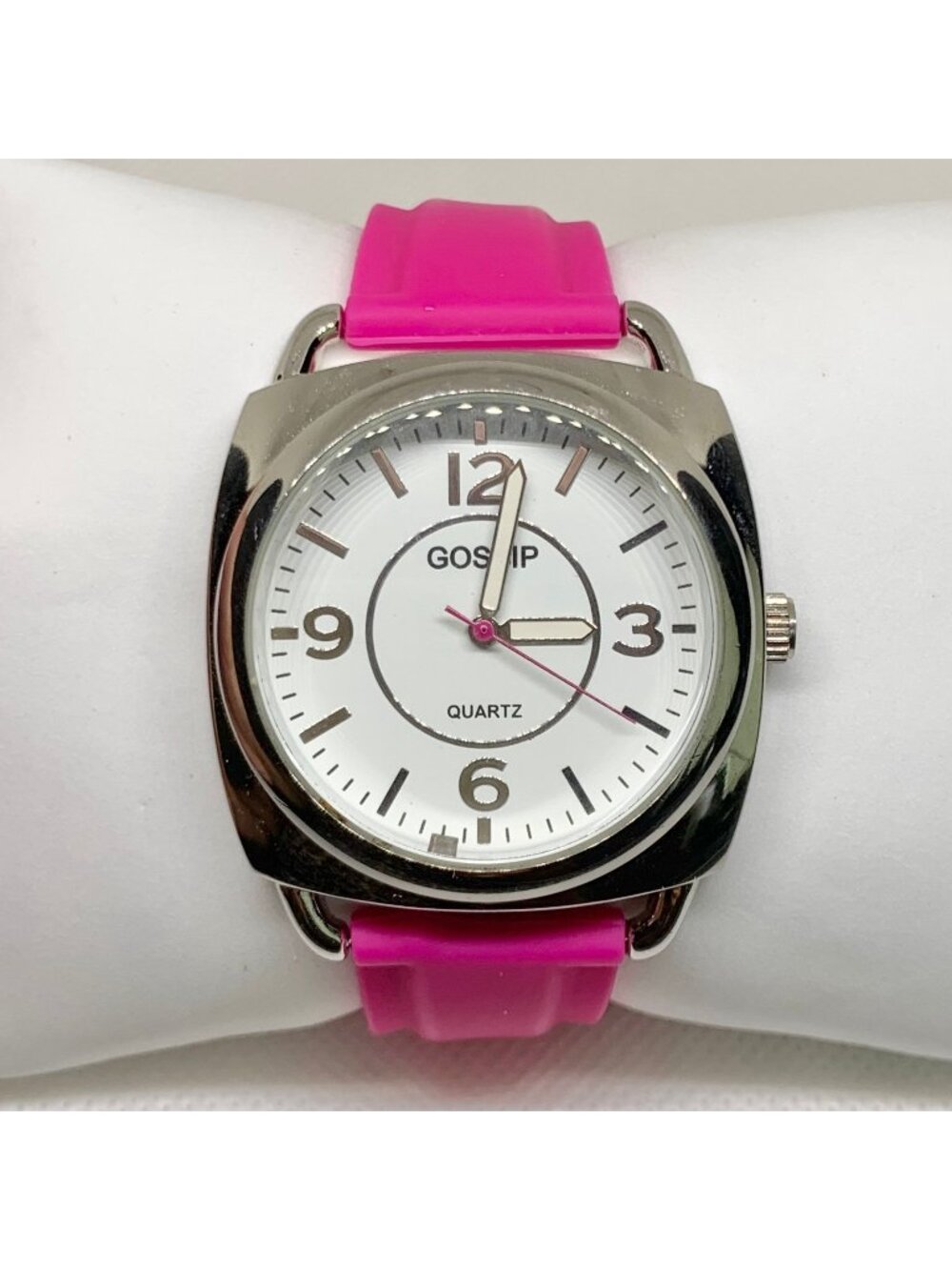 Gossip Women watch 40mm large face SilverTone quartz pink silicone band running